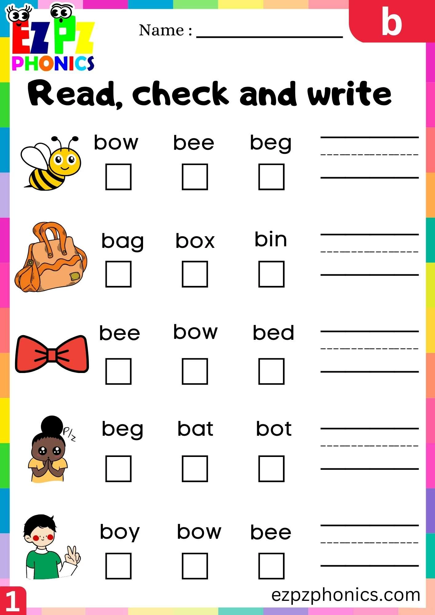 Letter b Read Check and Write Beginning Sounds Worksheet 